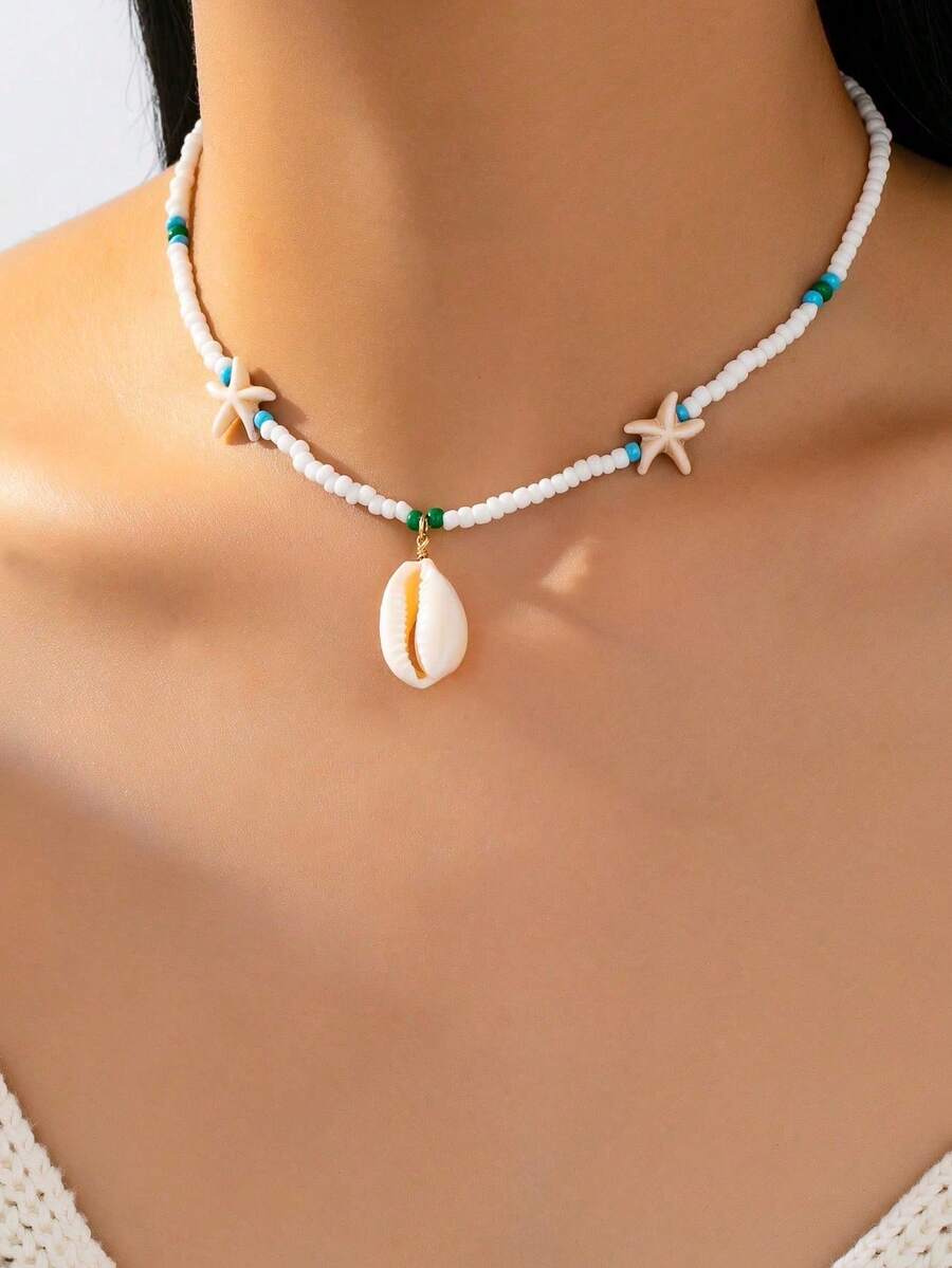 1 pieza Collar con colgante de estrella de mar y concha de estilo bohemio de verano, collar de cuentas de semillas naturales para mujer, adecuado para vacaciones y uso diario - Collar de conchas de estrella de mar con cuentas - Ver 1