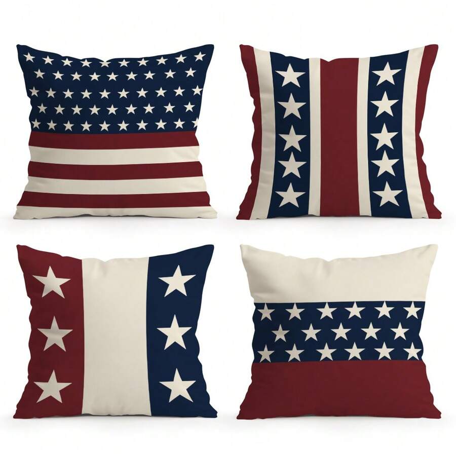 4pcs Independence Day Red & White Striped Star Pattern 4-Piece Set, Single-Sided Printed Throw Pillow Covers, Suitable For Living Room Sofa Bedroom, Pillow Inserts Not Included - Multicolor - View 1