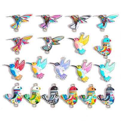 10个混合彩色蜂鸟和鸡形连接吊坠，银底合金油滴吊坠，适用于DIY项链、手链和工艺品