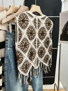 1pc Rhombus Knit Tassel Vest, Suitable For Travel, Holiday, Birthday Party, Beach, Spring/Summer, Lace - Brown - View 2