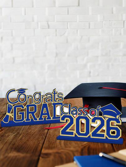 4pcs 2026 Graduation Decorations, Blue & Gold, Congratulations On Your Graduation! Wooden Centerpiece For Dining Table, Graduation Ceremony Tabletop Decor, 2026 Tiered Tray Decor, Graduation Party Decorations