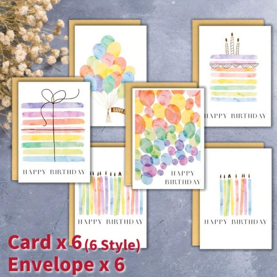 12 piezas Tarjetas de felicitación de cumpleaños en acuarela (con sobres) - Diseño de color suave único, adecuado para fiestas, cumpleaños y otras ocasiones - Juego de tarjetas de regalo en inglés - multicolor - Ver 1