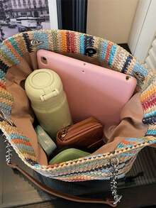 Rainbow Woven Tote Bag, New Commuter Versatile Large Capacity Straw Woven Shoulder Bag - Multicolor - View 6
