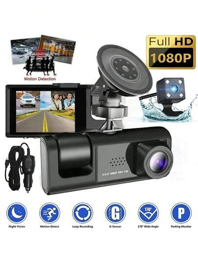 1个3通道1080P全高清双镜头行车记录仪，前后录像，2英寸显示屏，循环录像，150mAh电池（不含SD卡）