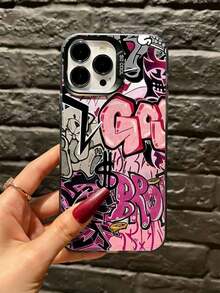 1pc Black Graffiti Personalized Pattern Full-Wrap TPU Anti-Fall Phone Case Compatible With Apple 16 15 14 13 12 11promax - Multicolor - View 1