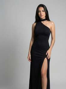 Elegant Party Long Slit Dress | Premium Suplex | Graduation, Wedding, Guest, Prom, Backless - 黑色 - 查看 3
