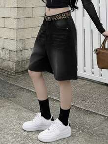 Quần short denim ống rộng, chất liệu denim mài, thích hợp mặc mùa hè, dành cho nữ tuổi teen. - màu đen - Xem 1