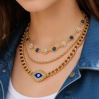 Bộ 3 dây chuyền mắt quỷ thời trang tuổi teen, dây kim loại tối giản, phù hợp để đeo hàng ngày, đi chơi và dự tiệc, dây chuyền thủ công hình hoa cúc có thể cắt ngắn theo ý muốn.