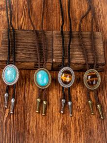 4件套波洛领带螺旋卷曲纹理框架凸面宝石男女通用婚礼及日常佩戴项链，百搭西式风格 - 彩色 - 查看 1