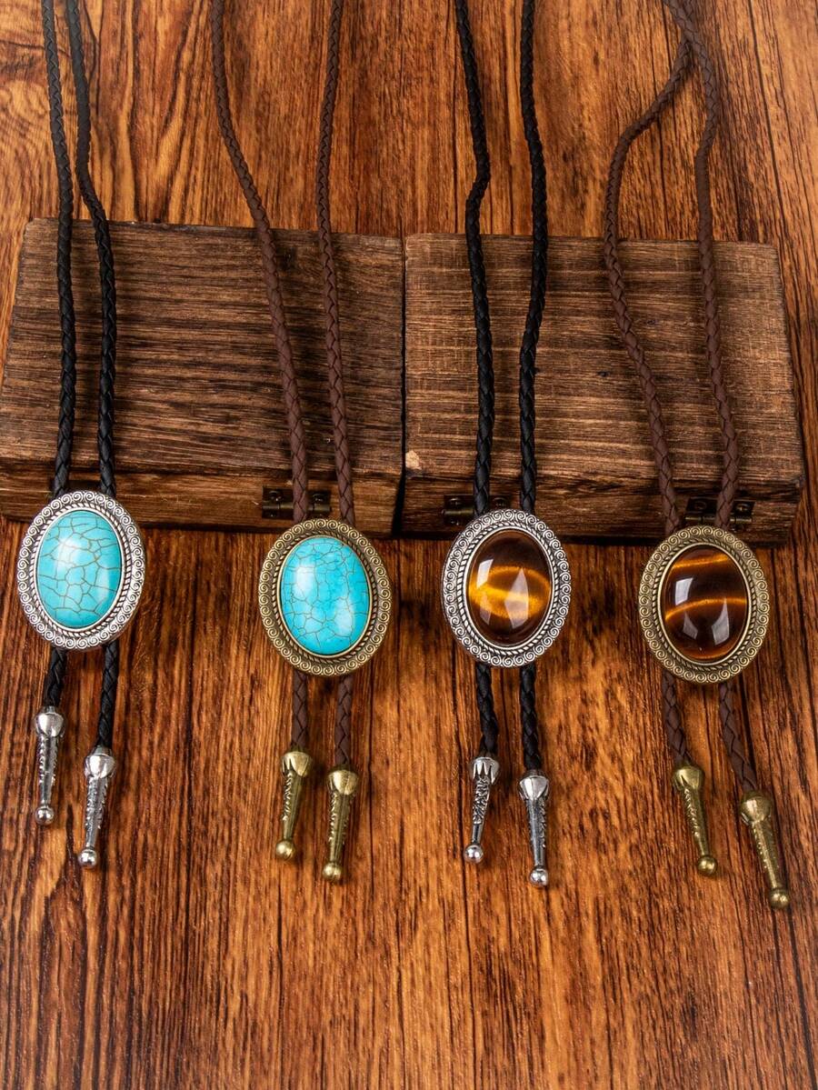 4件套波洛领带螺旋卷曲纹理框架凸面宝石男女通用婚礼及日常佩戴项链，百搭西式风格 - 彩色 - 查看 1