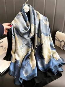 1pc Navy Blue Floral Print Lightweight Headscarf/Shawl, Cream Yellow Flower Bohemian Breathable Scarf Accessory For Spring/Summer, Great Gift - Multicolor - View 11
