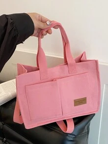 多巴胺帆布手提包，女士大容量多口袋斜挎包，宽肩带，手提包 - 粉色 - 查看 4