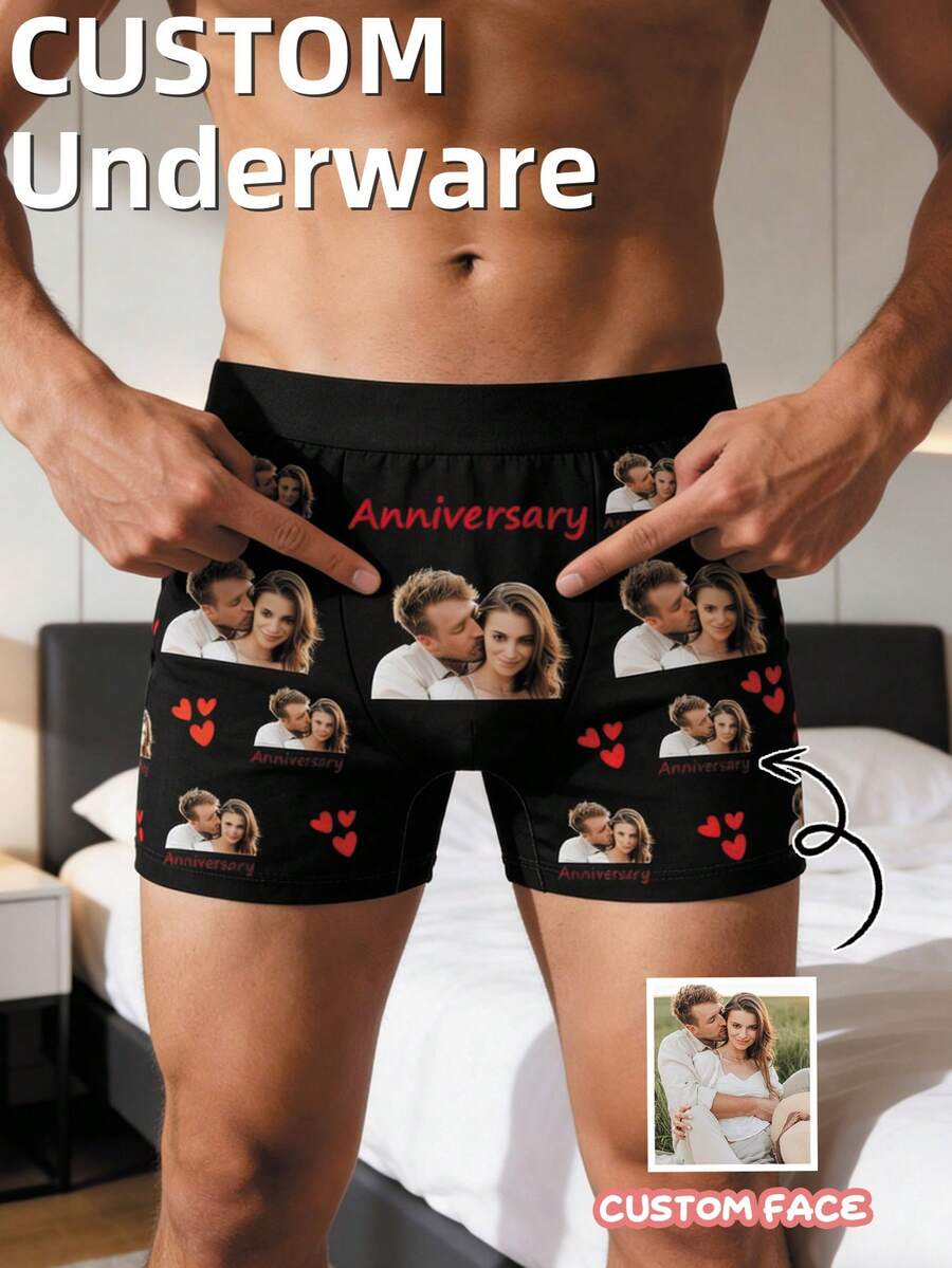 1 pieza Calzoncillos tipo bóxer personalizados para hombres, con foto de pareja personalizada y texto "2 Años" impreso, tela transpirable y refrescante, regalo sentimental y divertido para el 2do aniversario, Día de San Valentín, esposo o novio - Multicolor - Ver 1