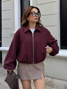 Chaqueta con bolsillo con cremallera para mujer en color burdeos - Abrigo casual de solapa holgada para primavera y otoño - Burdeos - Ver 11