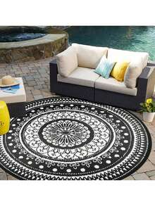 Round Outdoor Rugs For Patios Waterproof 240cm Reversible Camping Mat And Rug Plastic Outdoor Rugs For Garden Large Floor Area Rug For Outdoors Garden RV Trailer Backyard Deck Picnic Grey - Blanco y negro - Ver 11