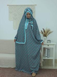 Green Base Floral Lace Trim Abaya Robe With Matching Headscarf, Ramadan Women's Long Sleeve Loose Robe, Islamic Clothing For Ramadan - Multicolor - View 4