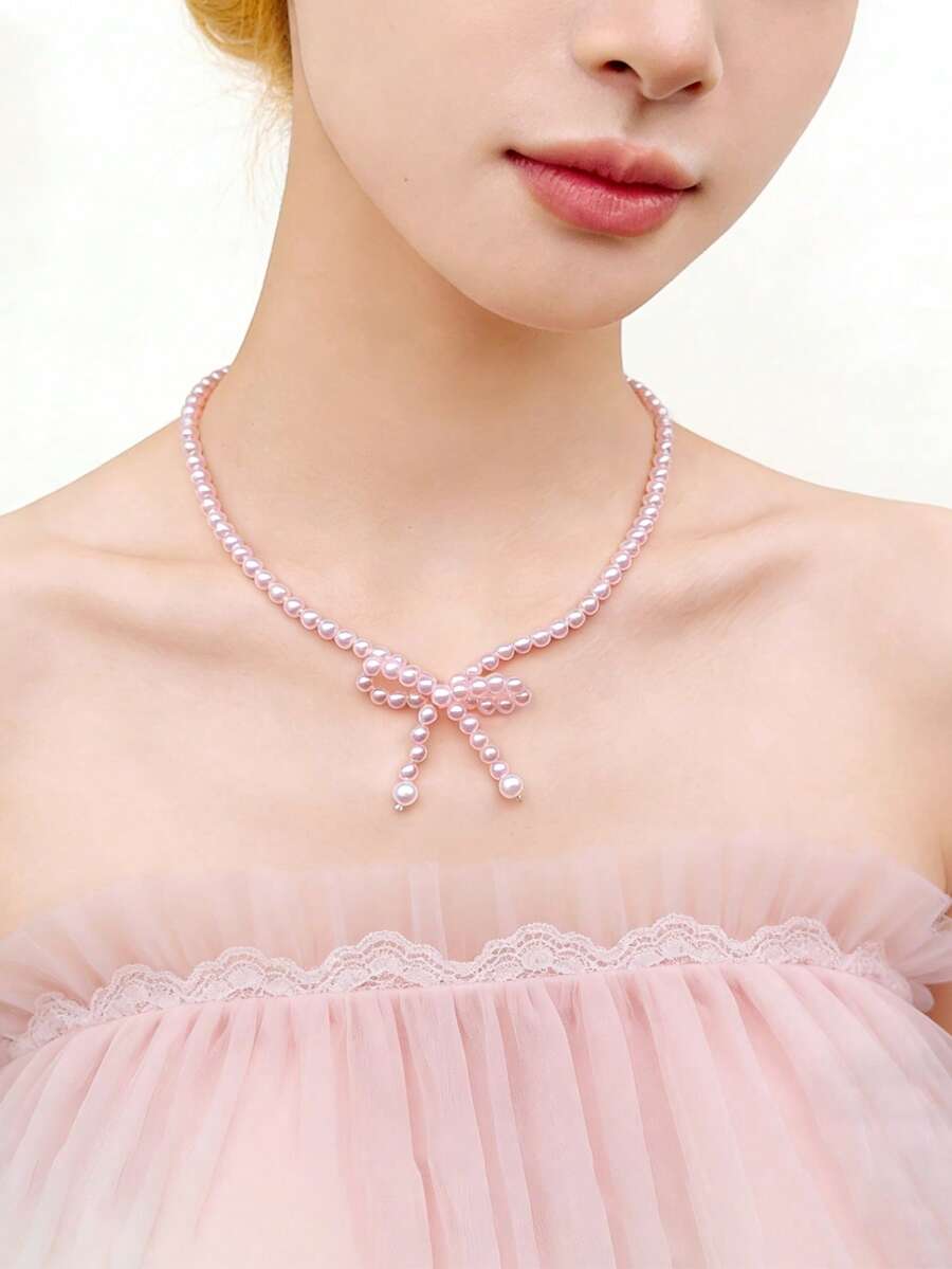1 chiếc vòng cổ ngọc trai giả màu trắng/đen/hồng sang trọng, thanh lịch, đính nơ bằng nhung, kiểu dáng tối giản, đa năng, tinh tế, thích hợp làm quà tặng cho phụ nữ, phù hợp cho kỳ nghỉ và tiệc tùng. - Hồng - Xem 1