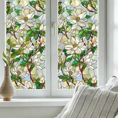 1/5片装玉兰竹子花卉图案磨砂隐私窗贴，可重复使用PVC静电吸附，适用于办公室、卧室、浴室和家居玻璃装饰。精致礼品。