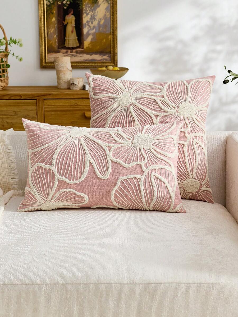 1 buah Sarung Bantal Hias Bordir Bunga Merah Muda Minimalis Modern, Sarung Bantal Bunga Musim Semi/Panas, Cocok untuk Dekorasi Dalam Ruangan, Sarung Bantal Sepanjang Musim, Isian Bantal Tidak Termasuk
