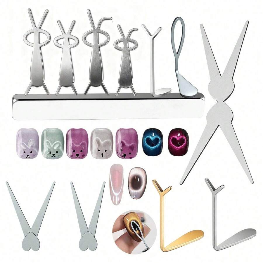 Nail Art Mold Set, Including X-Shape, V-Shape, Heart-Shape, Rabbit Shape, Folding Rabbit Shape And Different Size Hollow Molds, Can Create 3D Cat Eye Effect, Easy To Use, Suitable For Beginners, Applicable For Nail Salons, Home, Studio, Travel, Great Gift For Beginners, Enthusiasts, Artists, Ladies On Christmas, Birthday, Valentine's Day - Multicolor - View 1