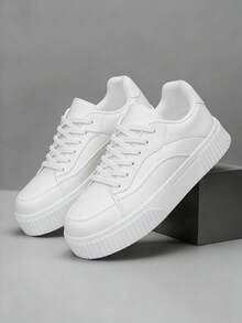 Thick Sole Lace-Up Casual Sneakers, Street Style - White - View 1