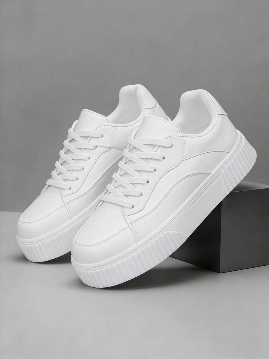 Thick Sole Lace-Up Casual Sneakers, Street Style - White - View 1