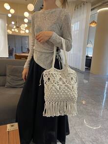 Túi đeo chéo nhỏ dệt thủ công, túi đeo vai dệt mới, phong cách biển độc đáo, đa năng, túi vuông kiểu phong bì, thời trang, phù hợp cho kỳ nghỉ và đi biển. - trắng - Xem 3