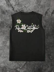 Lonblece Summer Sleeveless Tank Top Men, Brand Faux Embroidery Pattern Printed Black Casual Sports T-Shirt, Suitable For Outdoor Wear - Black - View 3