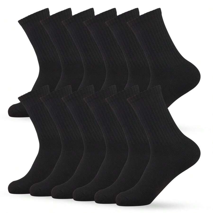 12 Pairs Cotton Cushion Crew Socks Cotton Blend Athletic Sports Workout Running Socks Comfort Cozy Sweat-Absorbing Anti-Slip Comfy Value Pack - 黑衣船員 - 查看 1