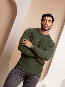 TRICOT DE LUXO Men's Sweater, Knitted With Embossed Pattern, Crew Neck, Winter 26 - Green - View 3
