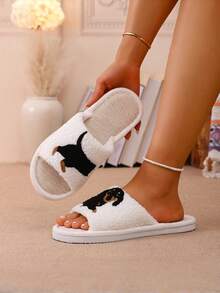Women's Plush Dachshund Slippers, Open Toe Design, Fluffy Soft Sole House Slippers, Mother's Day Gift - White - View 2