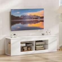 140cm TV Stand, TV Unit, 6 Compartments, 2 Glass Shelves, Particle Board, White - White - View 5