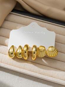 6-18件/套 女士时尚心形、水滴形、C形、贝壳形、海螺形耳钉套装，适合日常佩戴，节日礼物 - 金色 - 查看 5