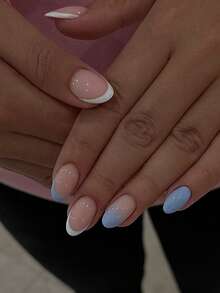 24片短款橢圓法式穿戴甲，藍色漸層極簡設計短款壓克力美甲片，含1片果凍膠與1片美甲搓條 - 彩色 - 查看 2