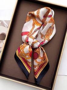 1条方形真丝围巾，女士缎面链条印花发带，头巾，时尚女士发带，披肩，围巾，领巾 - 黑色 - 查看 1