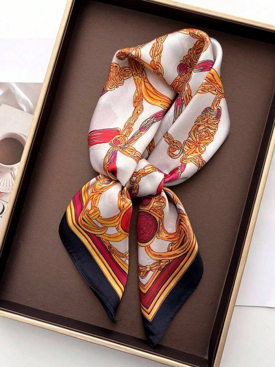 1条方形真丝围巾，女士缎面链条印花发带，头巾，时尚女士发带，披肩，围巾，领巾 - 黑色 - 查看 1