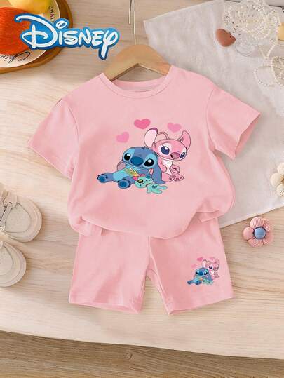 Disney Summer Baby Girls' Star Baby Cute Short Sleeve T-Shirt And Shorts Set With Stitch And Angel Cartoon Pattern, Stretchy Fabric Suitable For Infant Daily Wear, Great Gift