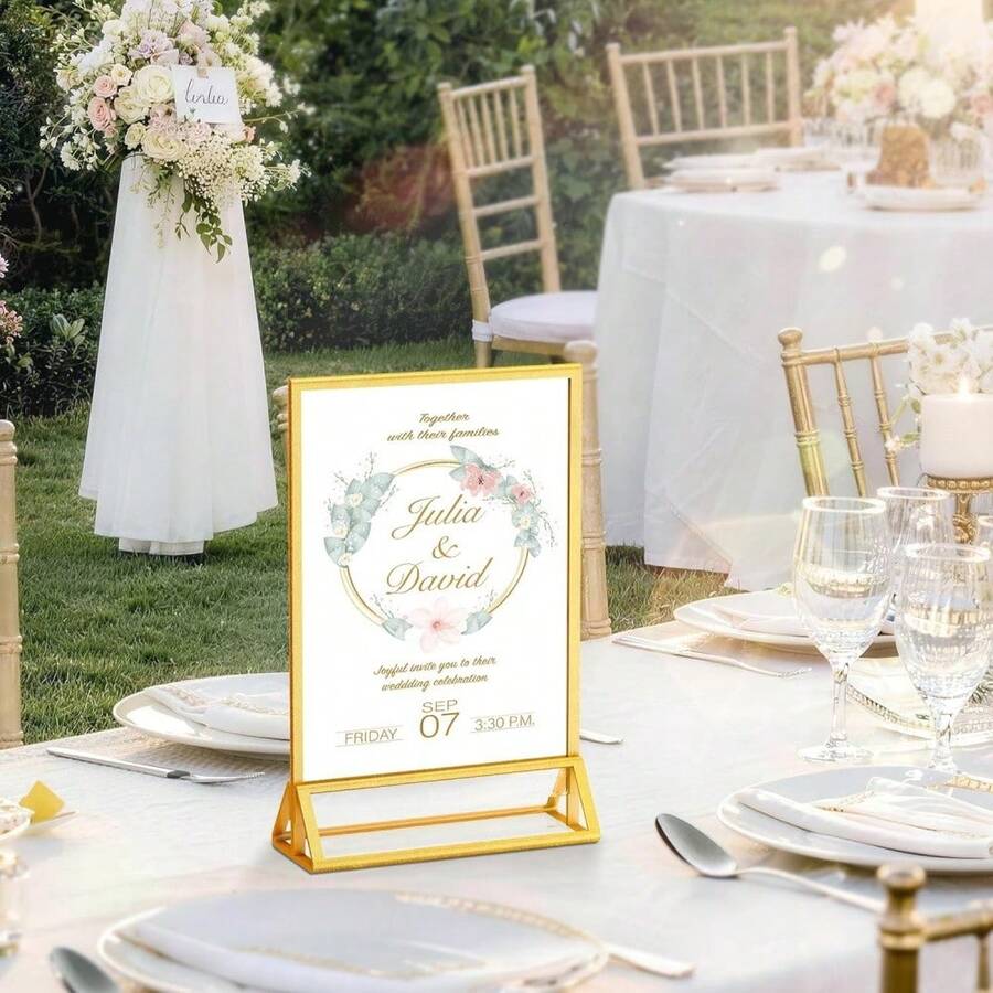 6pcs 5"X7" Gold Acrylic Photo Frame Set, Gold Vertical Table Number Holder, Clear Photo Display Stand, Brochure Holder, Tabletop Menu Stand, Double-Sided Photo Frame, Suitable For Party, Home, Office