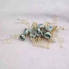 1pc Vintage Gold Wire Light Green Flower Faux Pearl Beaded Handmade Hair Comb Headpiece, Boho Bridal Headdress, Suitable For Weddings, Bridesmaids, Galas, Birthday Parties, Summer - Green - View 2