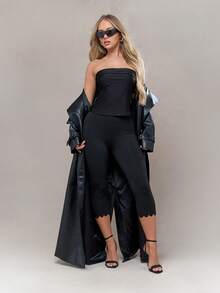 Pantalones casuales elásticos 7/8 para mujer de talla grande, de tela de punto de unicolor, con dobladillo asimétrico y cintura elástica, adecuados para el verano casual y los deportes al aire libre, mallas básicas para todas las estaciones - Negro - Ver 4