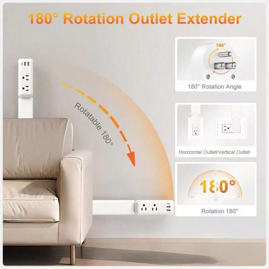 Telescopic Outlet Extender With 2 AC Outlets, USB‑A And USB‑C Ports, 180° Rotating Wall Plug, Ideal For Hard-To-Reach Areas Behind Nightstands, Sofas And More (1 Pack) - US B Type Plug(110-127V) - View 1
