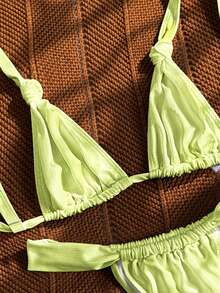Bikinx Bộ bikini nữ màu trơn, kiểu dáng tam giác, buộc dây, được làm từ chất liệu vải bóng, co giãn tốt, thích hợp cho kỳ nghỉ hè ở bãi biển. - Màu xanh chanh - Xem 3