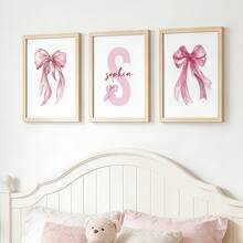 3pcs Personalized Pink Ribbon Wall Art Poster Customized Name Children's Room Decor Inkjet Painting Pink Bow Sweet Style Modern Cute Hanging Picture Minimalist Apartment Bedroom Living Room Decor Baby Girl Birthday Gift Unframed - Pink - View 18