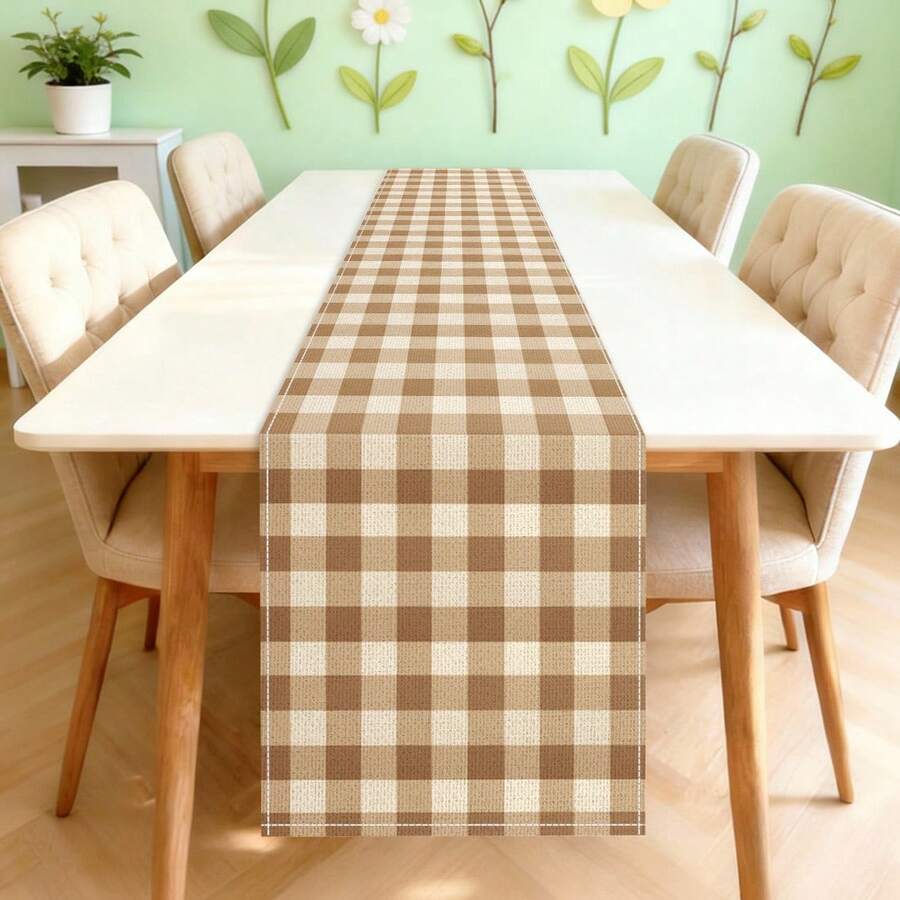 1pc Bohemian Minimalist Caramel Brown Plaid Pattern Polyester Rectangular Table Runner, Single-Sided Printing, Suitable For Home Kitchen Dining Room Indoor/Outdoor Decor, Great For Holiday Gatherings And Celebrations - Multicolor - View 1