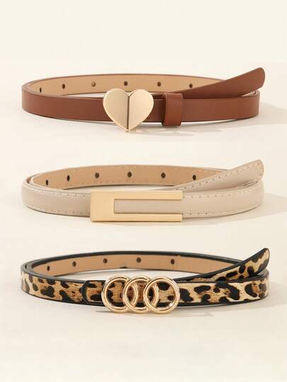 3pcs Women's Belt Set, Fashion Minimalist Sweet Heart Buckle Belts, Versatile For Commute, School, Daily Wear With Skirts, Casual Pants