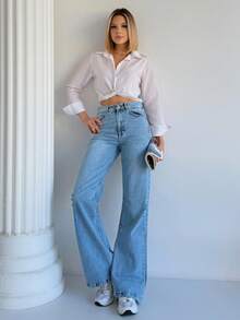 Women High Waist 3 Button Skinny Leg Jeans, Solid Color Pocket Zipper Button - Light Wash - View 4
