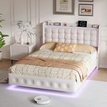 Caluself 140/160 X 200 Cm Floating Bed, Double Bed, Hydraulic Bed, Upholstered Bed, Youth Bed Frame, Padded Bed, Bedroom Bed Frame, White/Grey Velour Fabric - 米色 - 查看 5