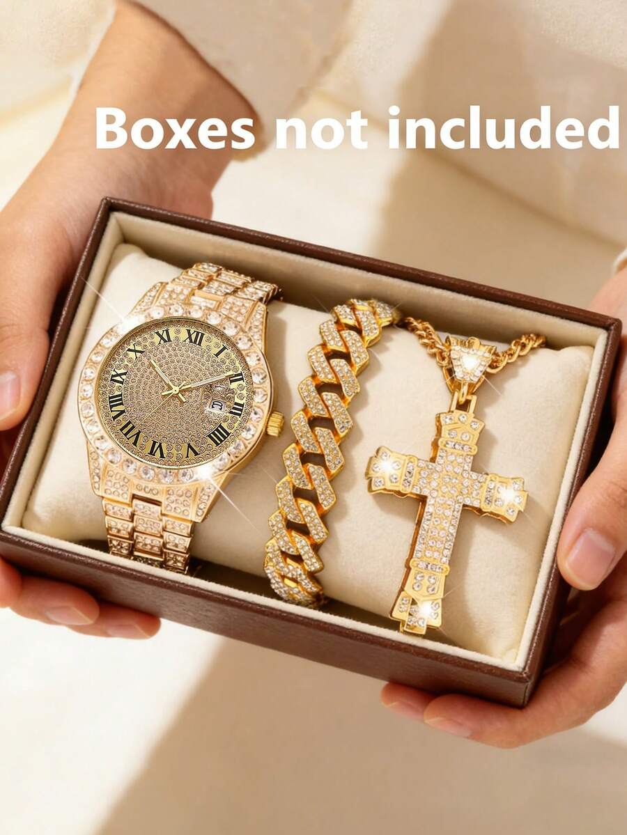 1款青少年石英手錶配合金錶帶,搭配2件金色飾品套組,適合休閒日常穿搭,理想禮物選擇 - 金色 - 查看 1