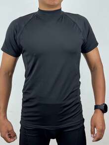 男士半高领跑步衫，吸湿排汗，速干，透气，凉爽运动T恤 - 黑色 - 查看 2