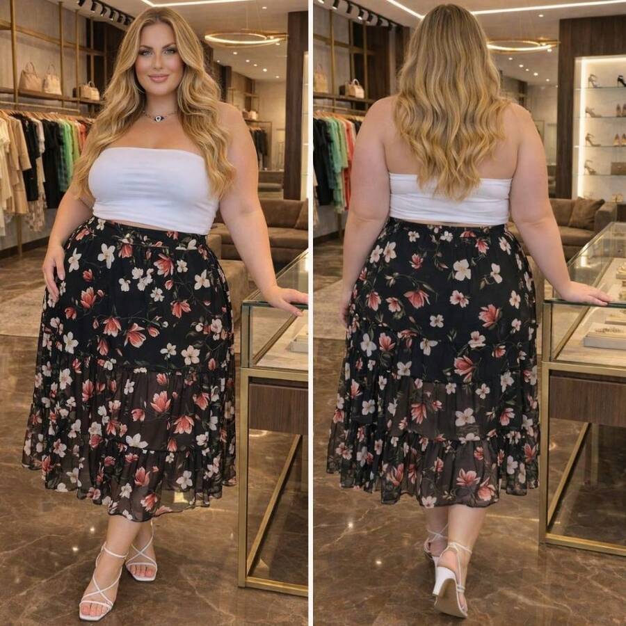 Women's Plus Size Long Midi Tulle Skirt With 3 Tiers, Printed, Elasticated, Flowy, Elegant, Fits Sizes 48 To 54. - Hoa đen - Xem 1